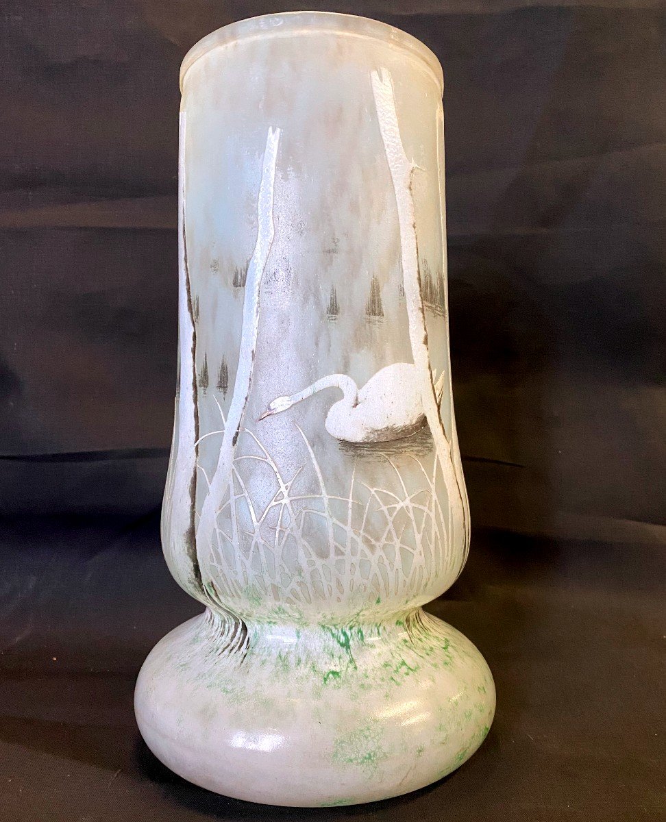 Daum Nancy - Rare Vase En Pâte De Verre Aux Cygnes - -photo-2