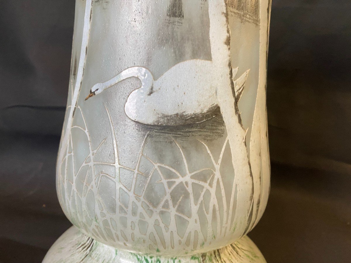 Daum Nancy - Rare Vase En Pâte De Verre Aux Cygnes - -photo-2