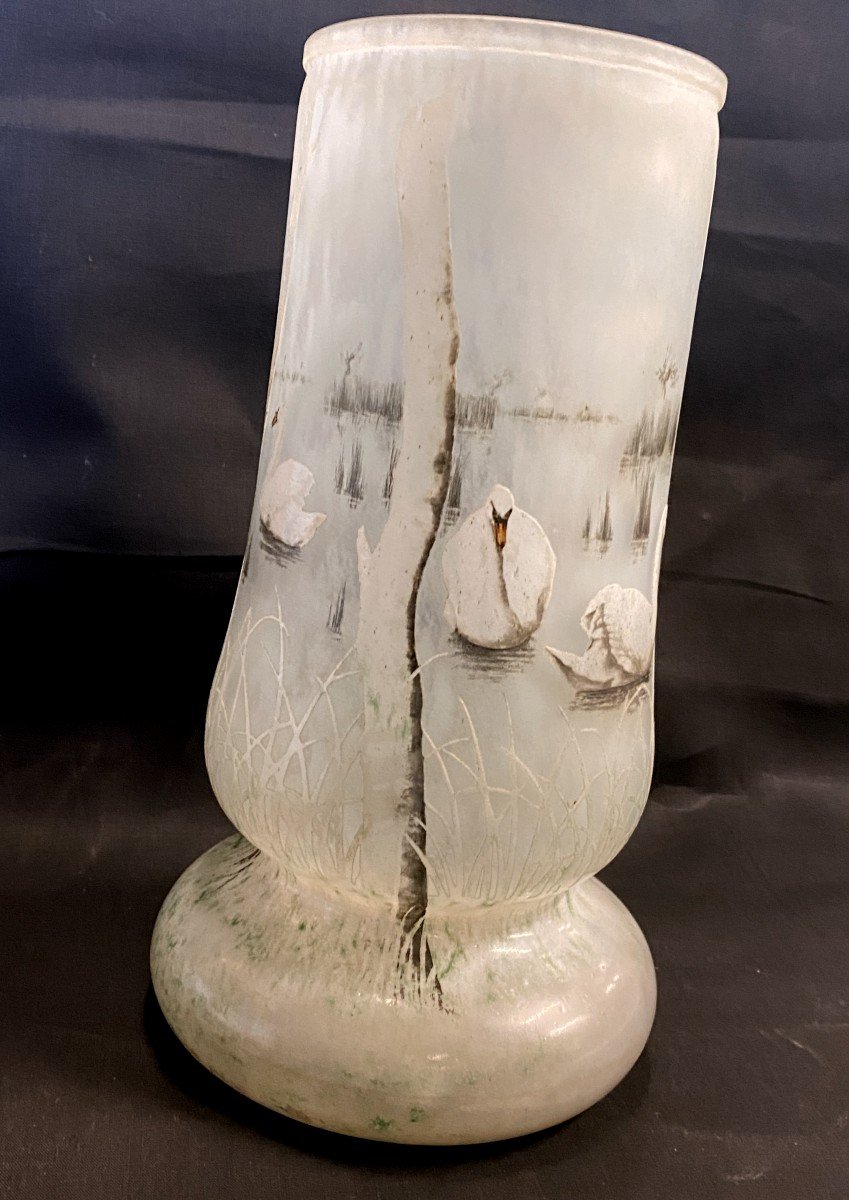 Daum Nancy - Rare Vase En Pâte De Verre Aux Cygnes - -photo-8