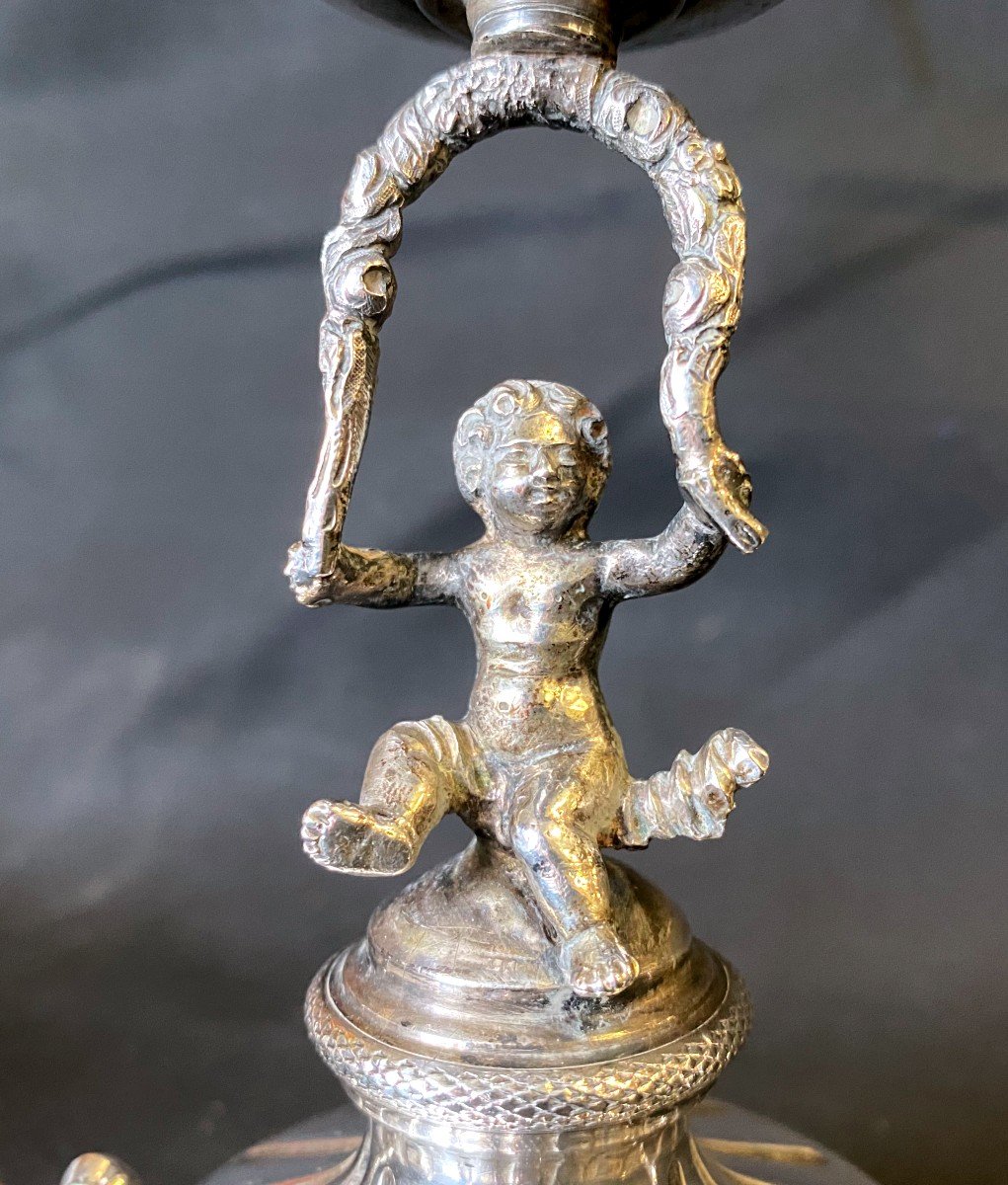 Old Baguier Cup Candlestick With Cherub Decor In Sterling Silver 19th Century-photo-2