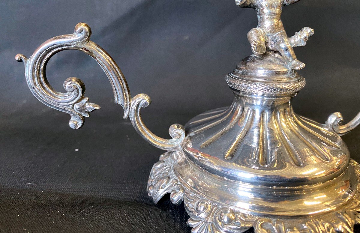 Old Baguier Cup Candlestick With Cherub Decor In Sterling Silver 19th Century-photo-1
