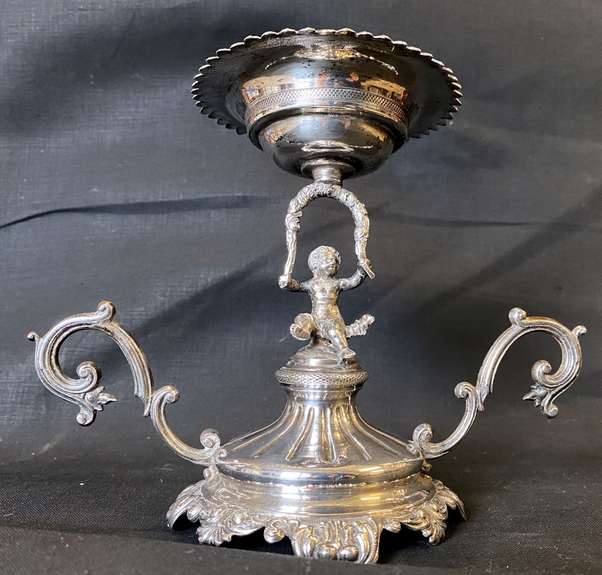 Old Baguier Cup Candlestick With Cherub Decor In Sterling Silver 19th Century
