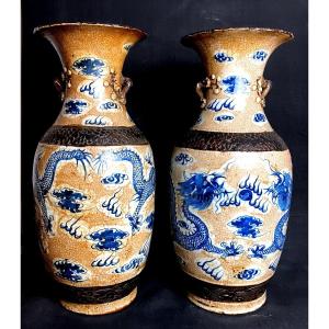 Paire De Vases Nankin Dragon Impérial 19 Ième 
