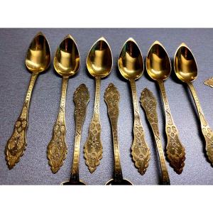 12 Spoons In Vermeillé Silver - 19th - Weight 135 Grs