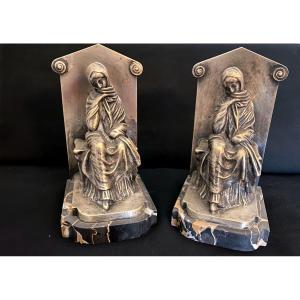 Pair Of Bookends In Silvered Bronze Late 19th Early 20th Century Signed