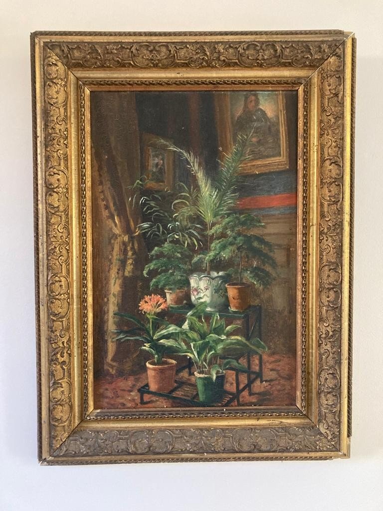 Tableau Nature Morte Aux Pots De Fleurs Peinture Fin XIXe