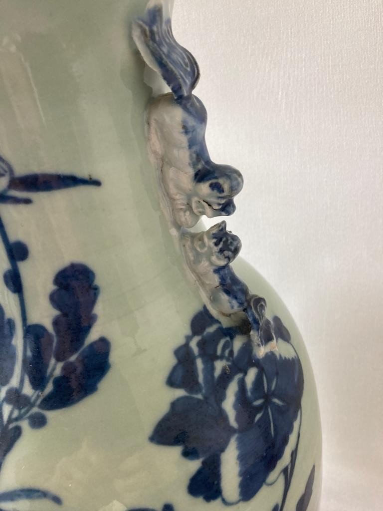 Chine Vase Porcelaine Blanc Bleu Sur Fond Céladon-photo-4