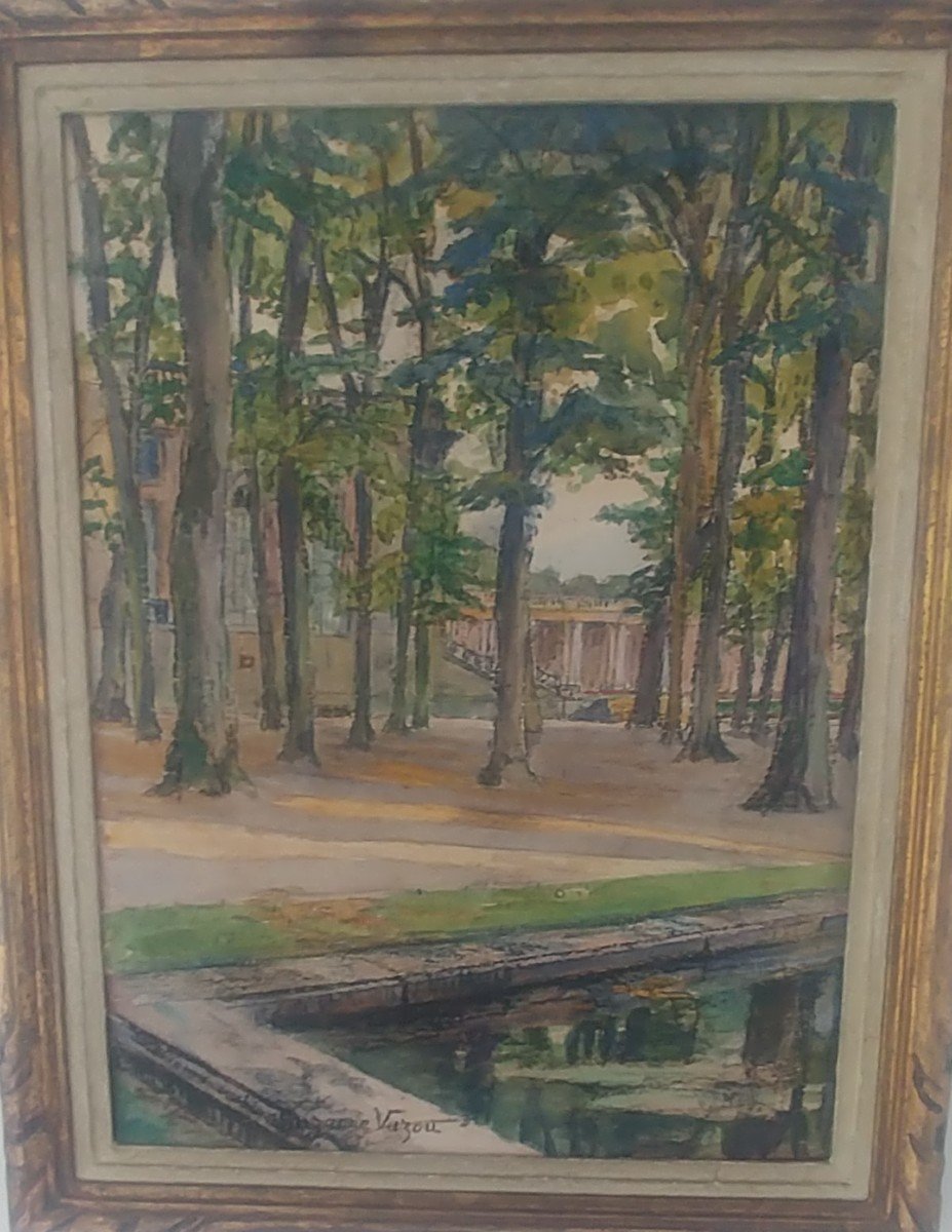 Pair Of Watercolors Park Of The Palace Of Versailles Period 1920-photo-3