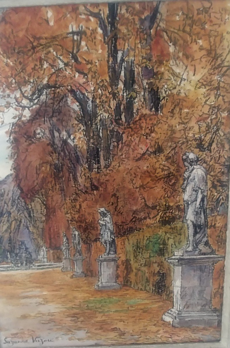 Pair Of Watercolors Park Of The Palace Of Versailles Period 1920-photo-4