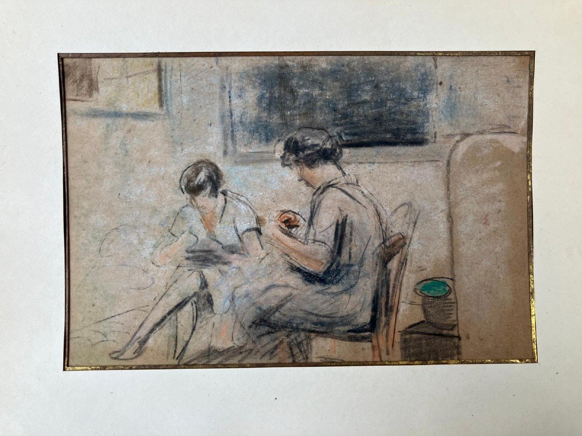 Femmes à la couture fusain et pastel attribué Lebasque