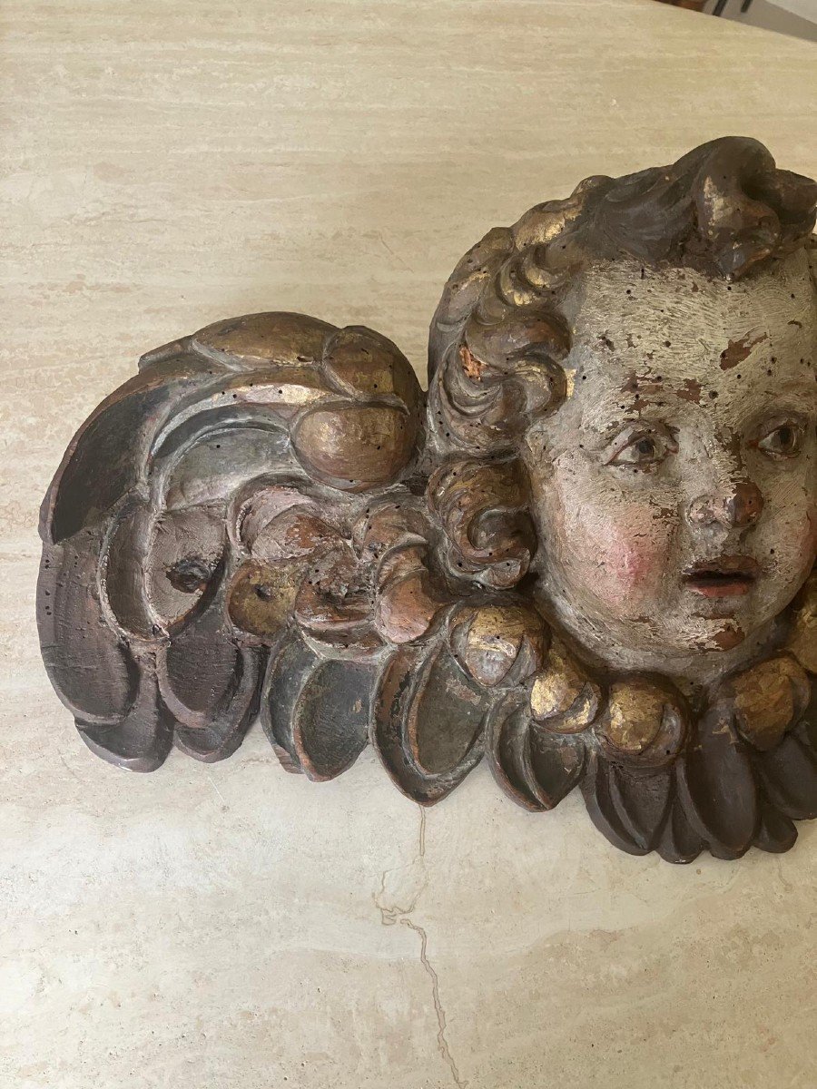 Cherub Head In Polychromed Carved Wood-photo-3