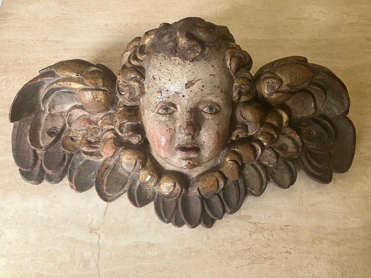 Cherub Head In Polychromed Carved Wood