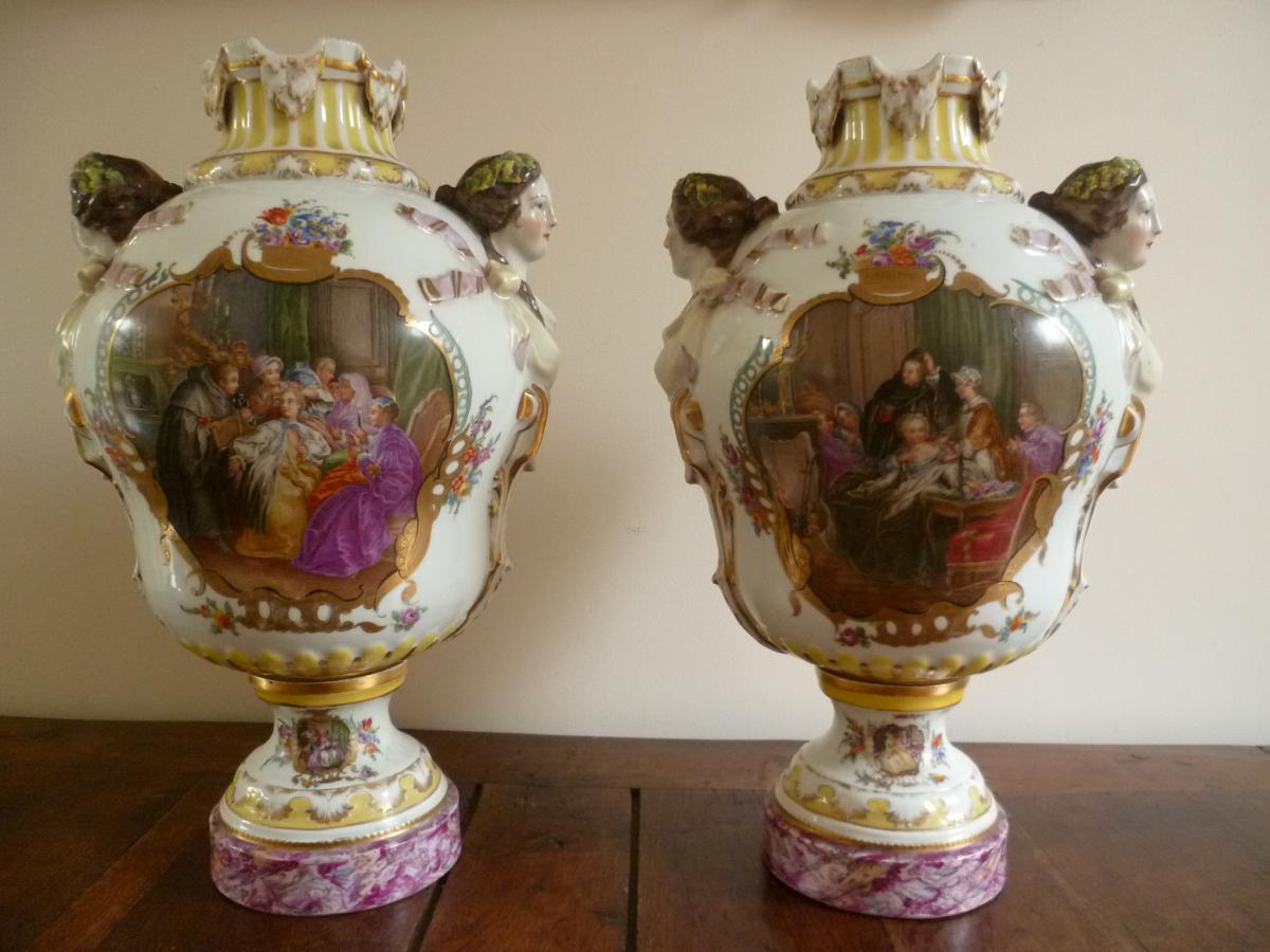 Great Pair Of Vases Baluster Porcelain Dresden Augustus Rex Nineteenth