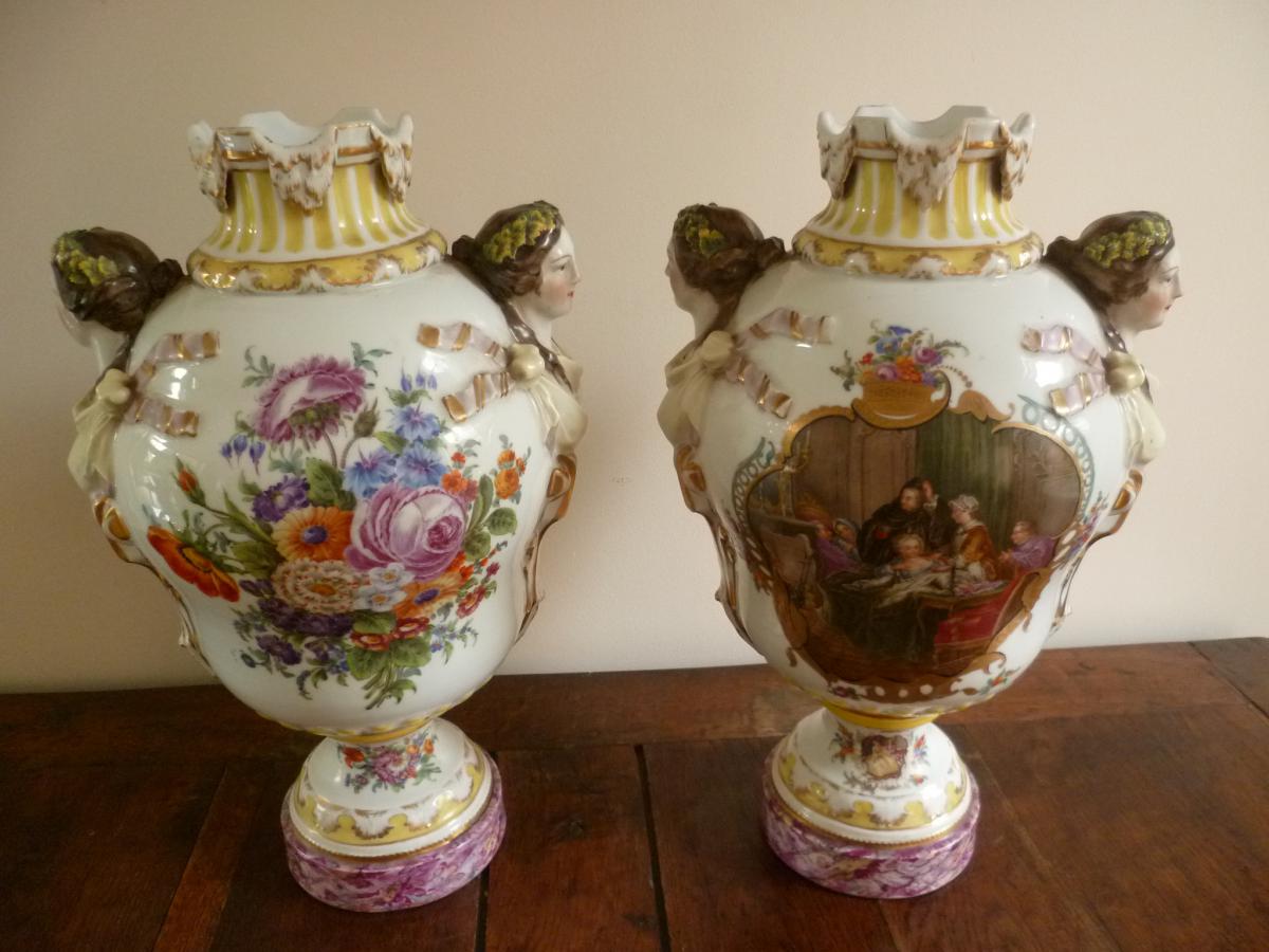 Great Pair Of Vases Baluster Porcelain Dresden Augustus Rex Nineteenth-photo-2