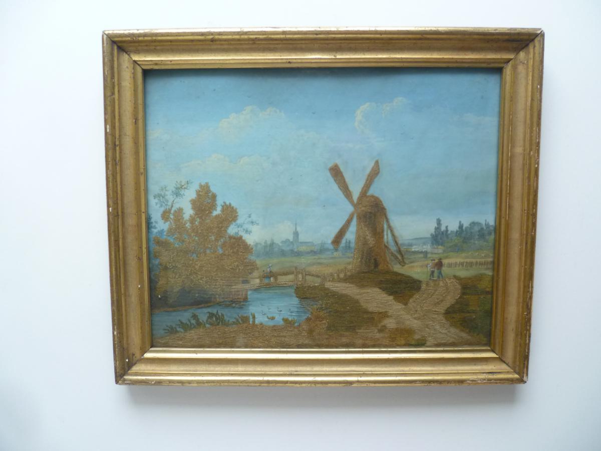 Paysage Des Flandres Aquarelle Et Broderie Epoque XIX° Siecle