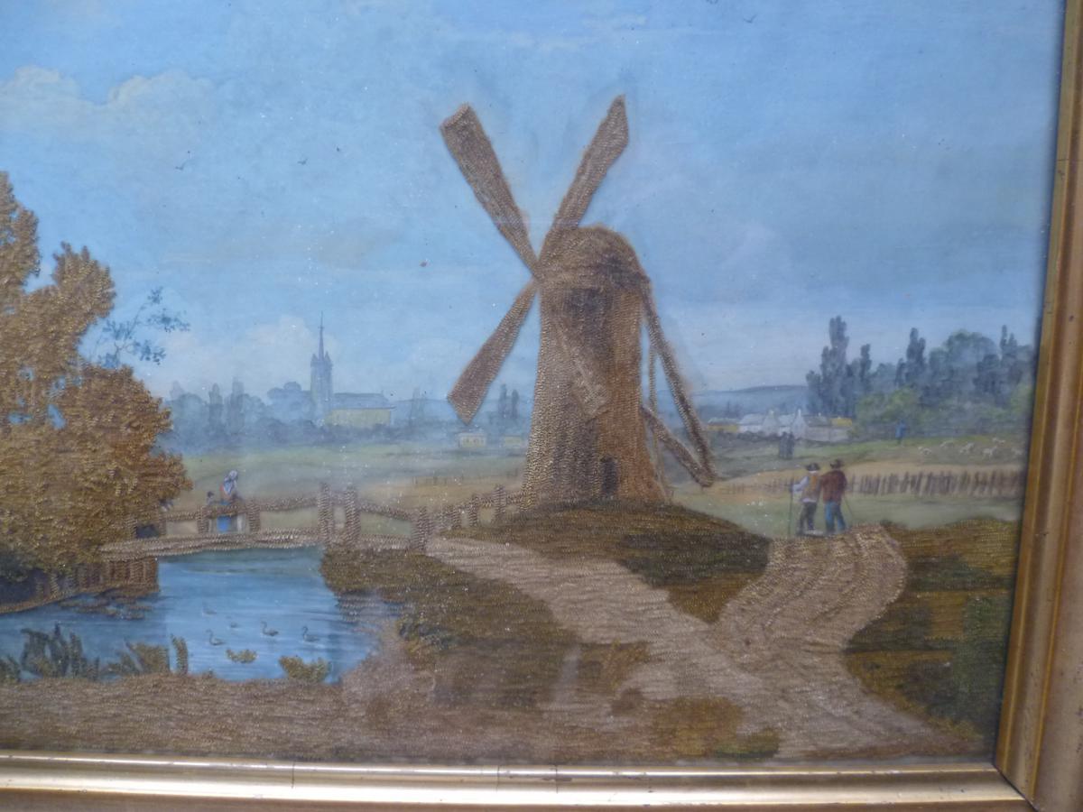 Paysage Des Flandres Aquarelle Et Broderie Epoque XIX° Siecle-photo-2