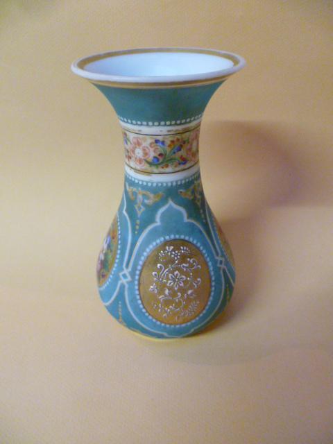 Opaline Vase Decorated With Flowers On Blue Background-photo-2