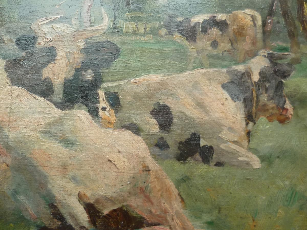 Emile Bouzin: Village View & Cows Au Pre-photo-3