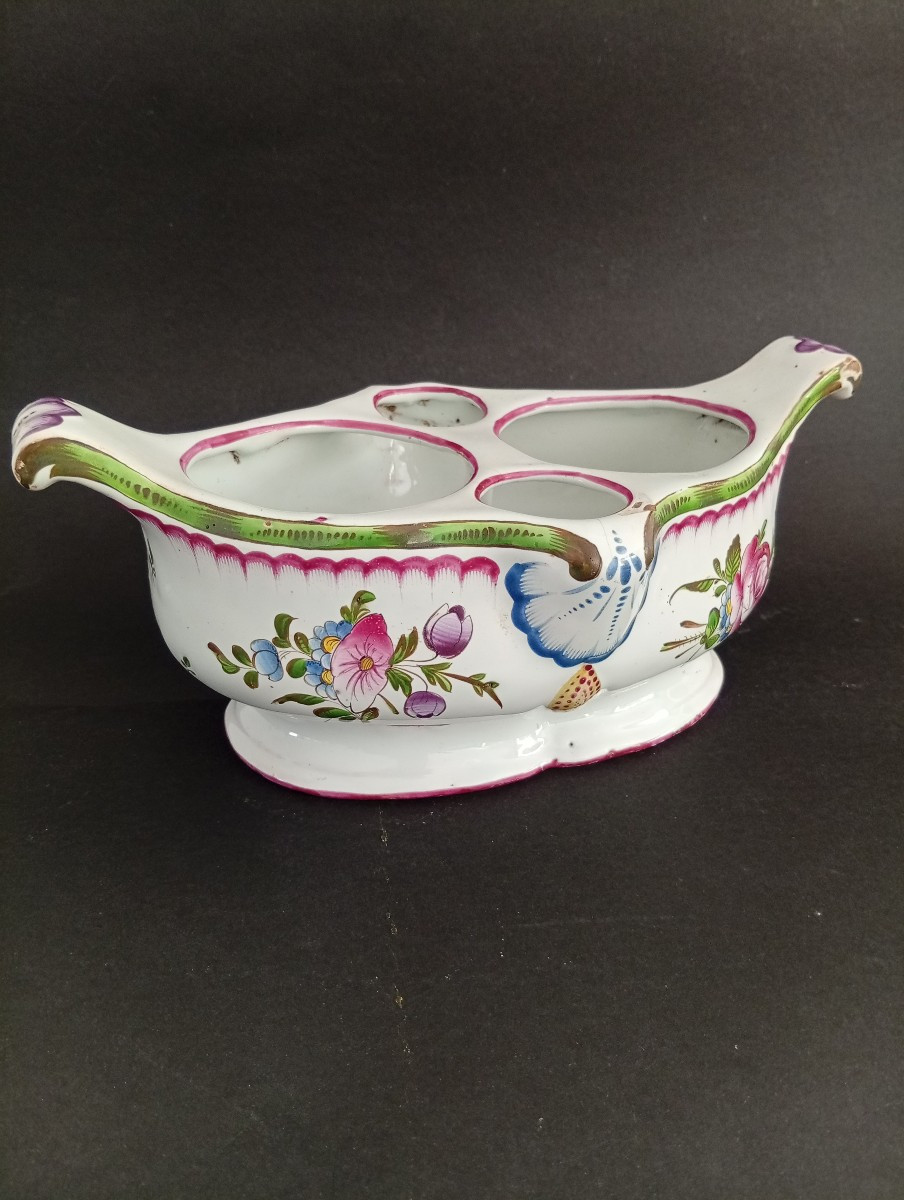 Earthenware Oil Cruet Holder With Floral Decoration, 18th Century 