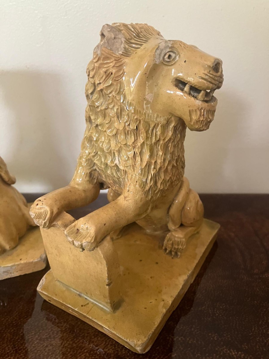 Pair Of Glazed Earthenware Lions-photo-1