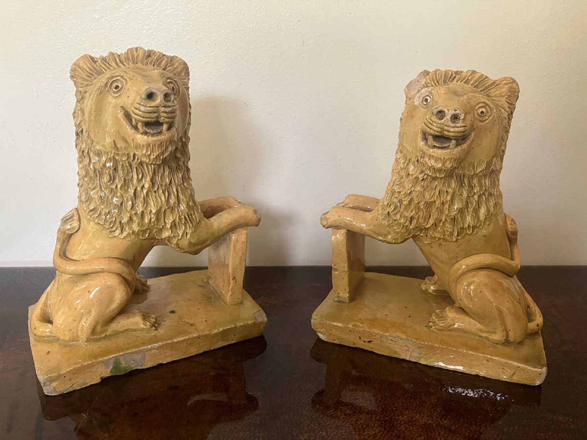 Pair Of Glazed Earthenware Lions