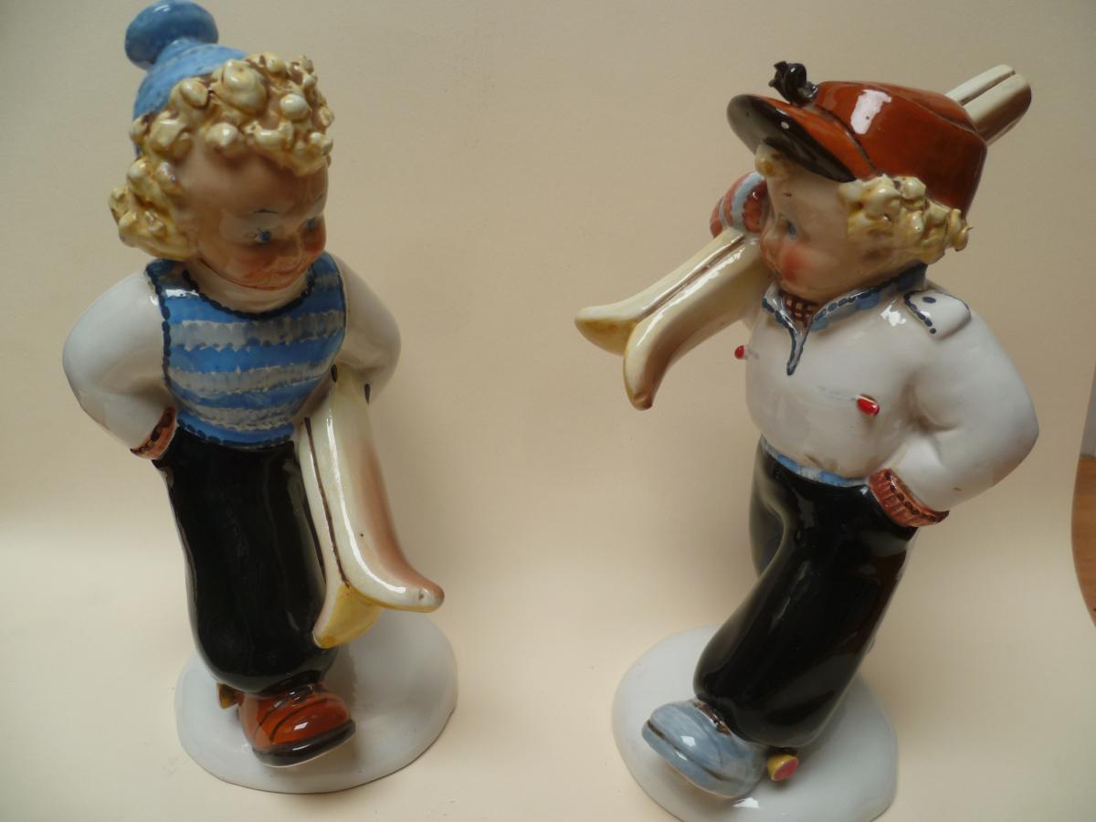 Pair Of Italy 1950 Statuettes Couple Skiers-photo-2