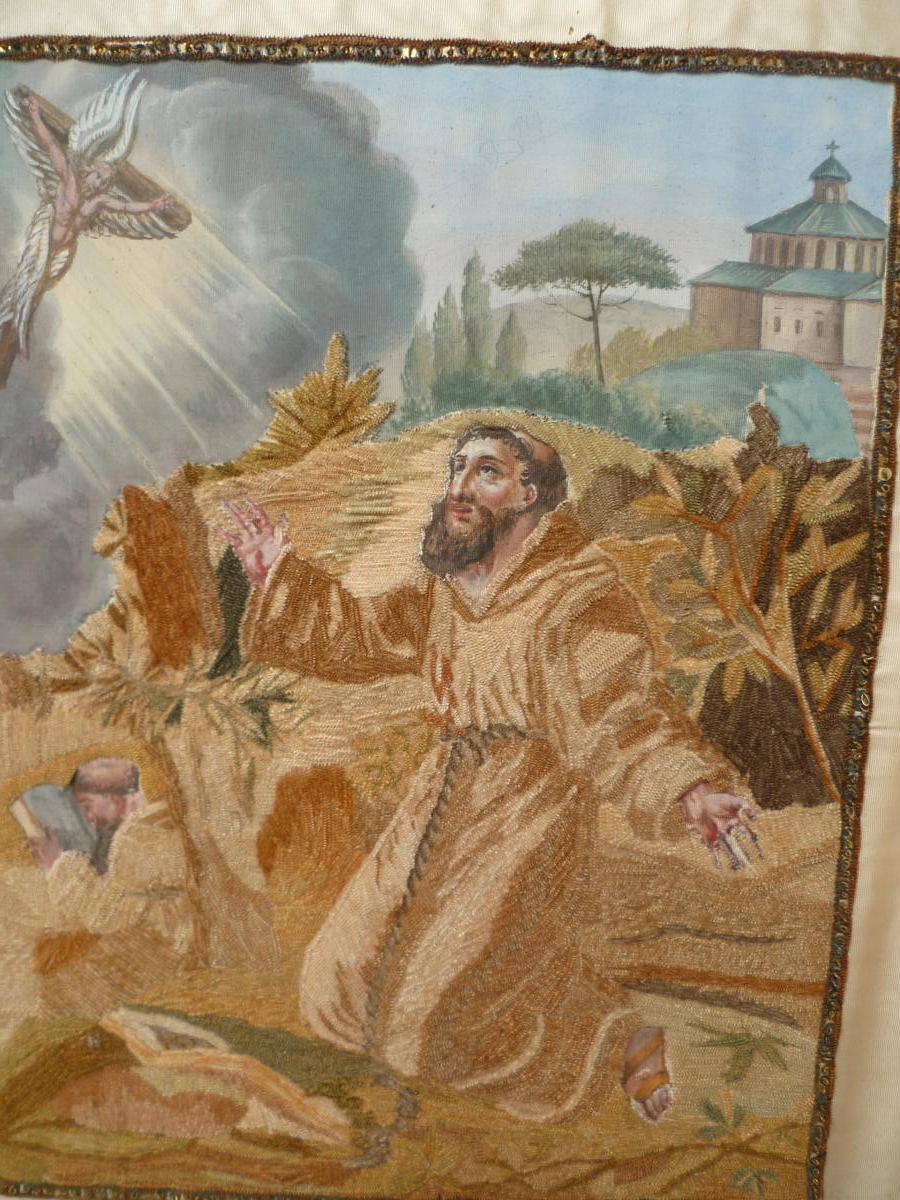 Saint Francois Embroidery On Silk XIXth Century Painted Beginning-photo-2