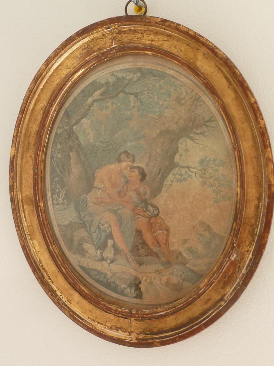 The Two Lovers And Engraving Frame Oval Nineteenth-photo-3