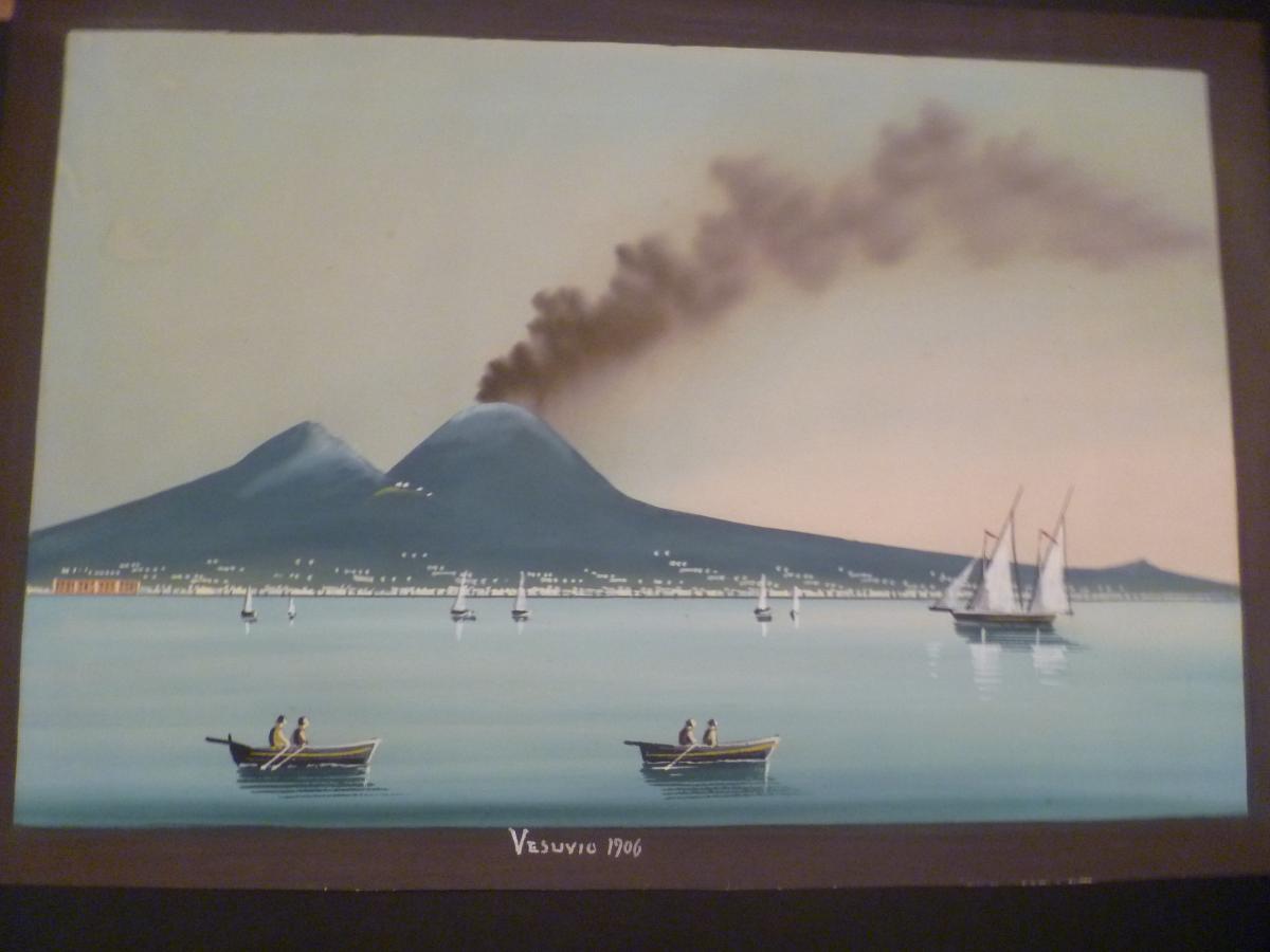 Deux Grandes Gouaches Napolitaines : Le Vésuve Éruption de 1906-photo-3