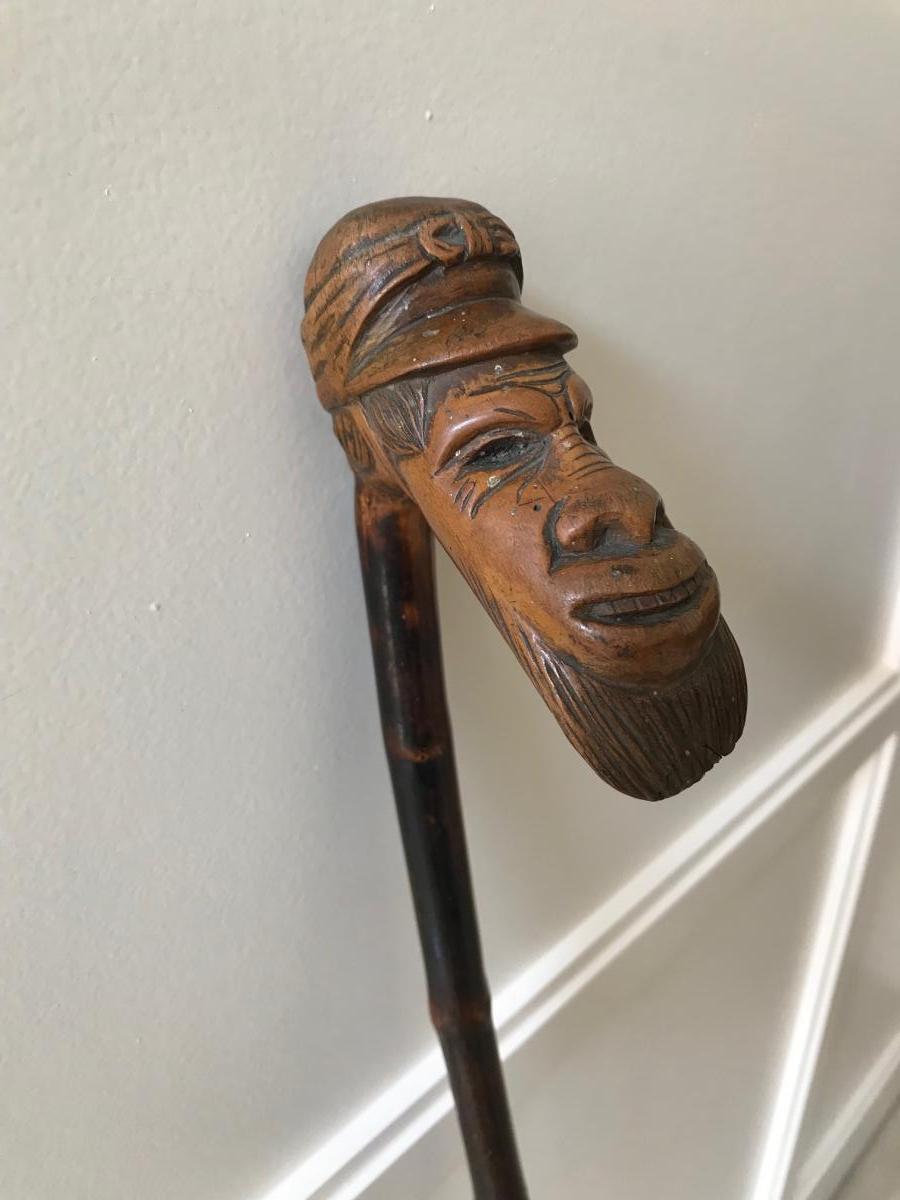 Stick Popular Art Jockey Head Carved Wood-photo-2