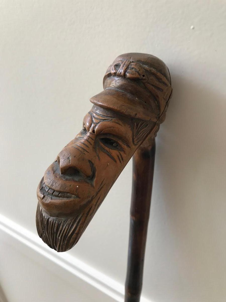 Stick Popular Art Jockey Head Carved Wood-photo-3