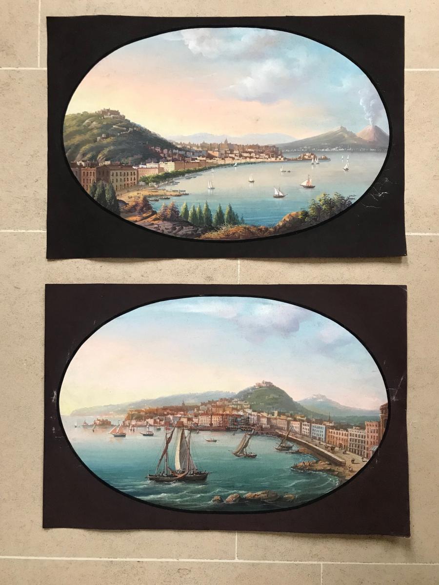 Vue de Naples. Paire de gouaches napolitaines