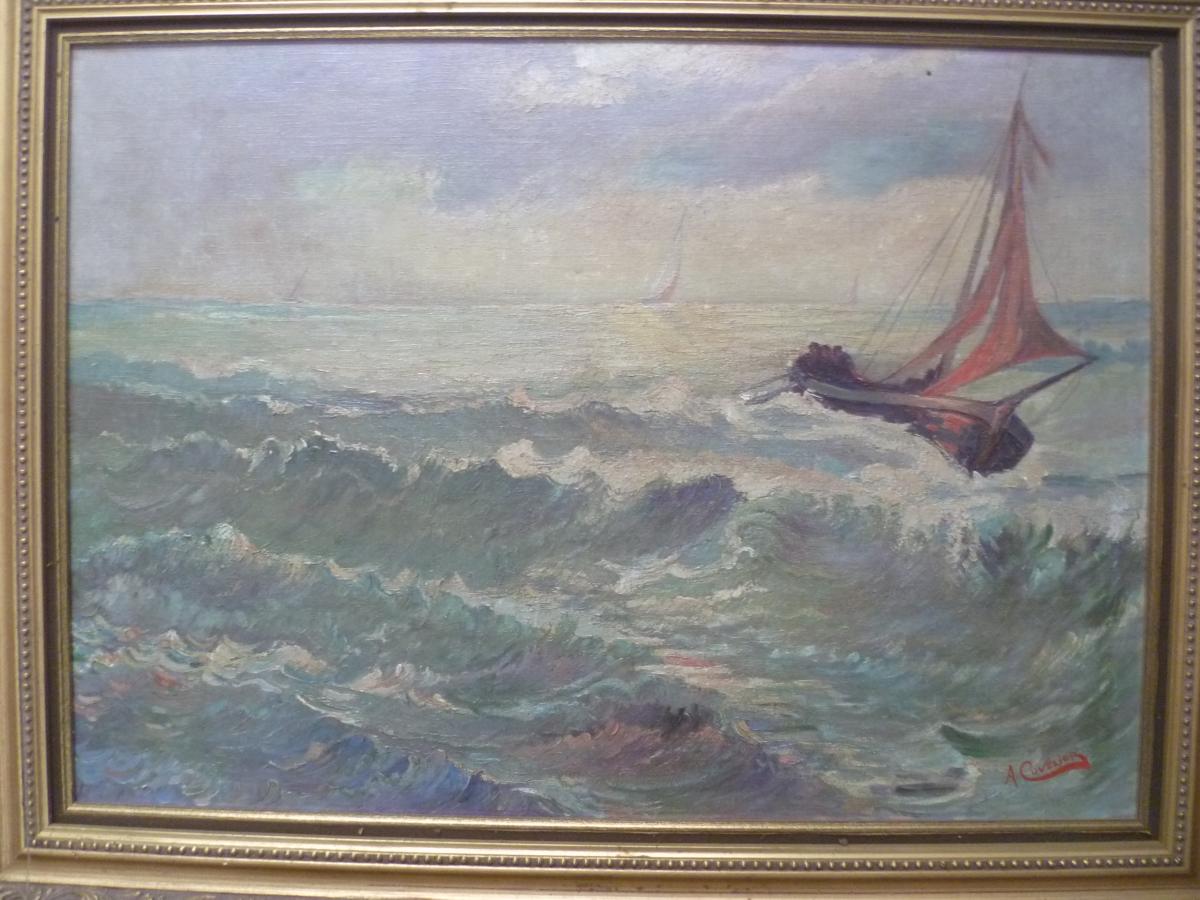 A. Cuvelier Bateau de pêche par gros temps Huile sur toile