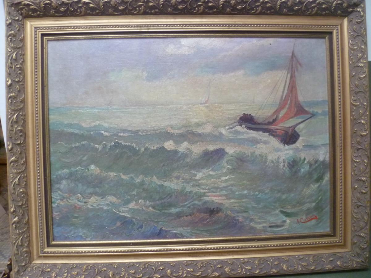 A. Cuvelier Bateau de pêche par gros temps Huile sur toile-photo-4