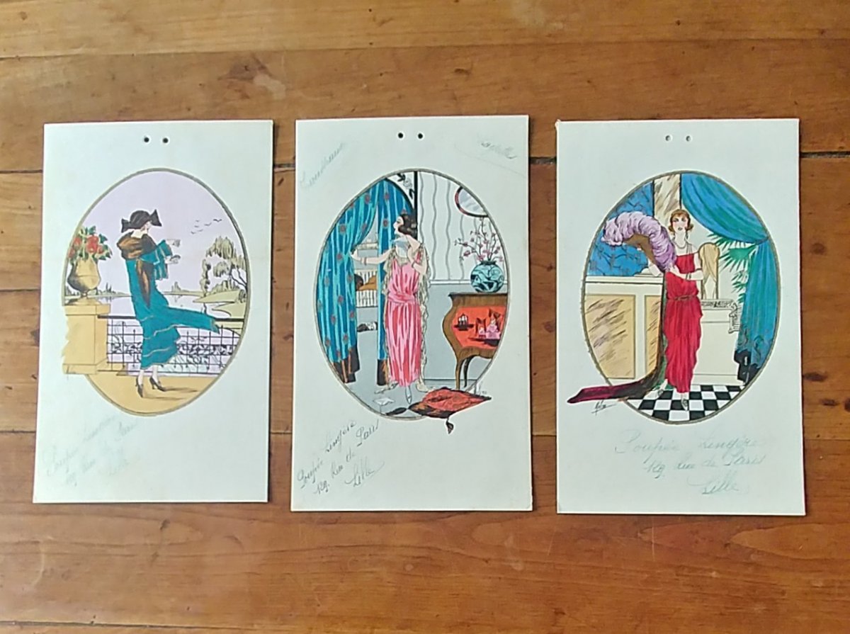 3 Fashion Watercolors 1925 Signed Molino