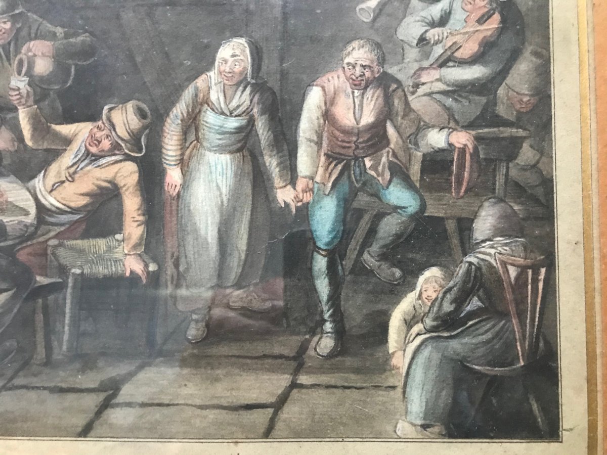 Tavern Scene - 17th Century Watercolor Drawing-photo-3