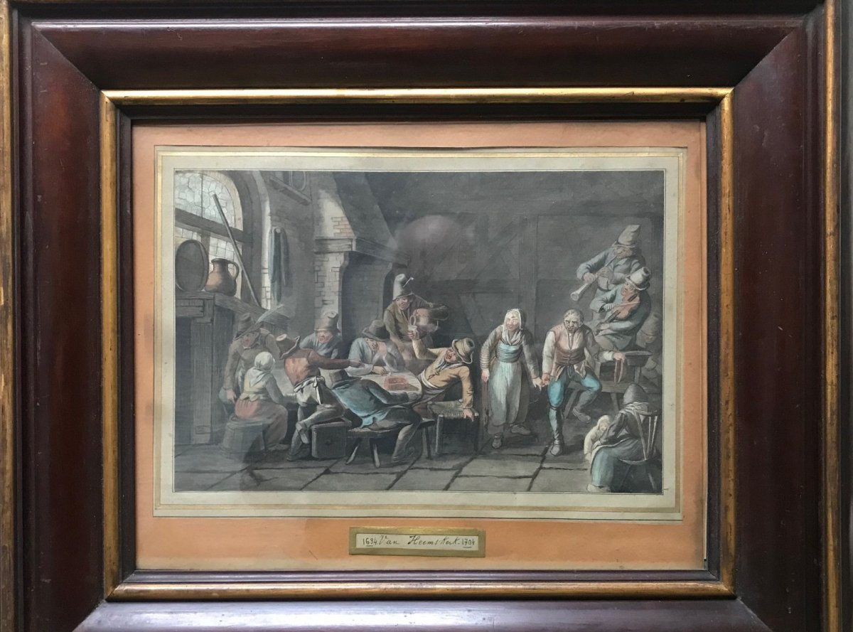 Scène De Taverne - Dessin Aquarellé XVIIe-photo-1