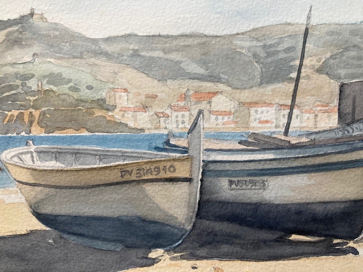 Barques à Collioure - Aquarelle Signée-photo-2