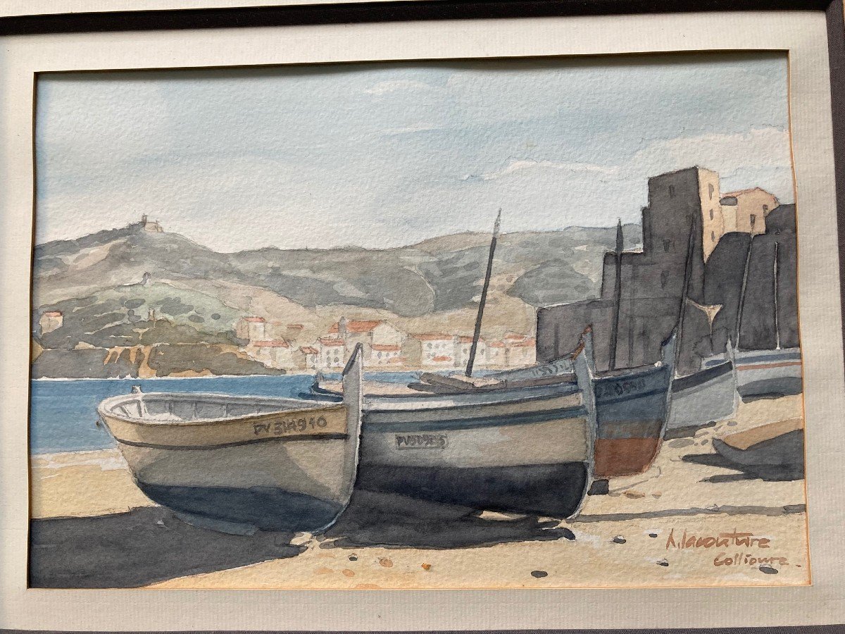 Barques à Collioure - Aquarelle Signée