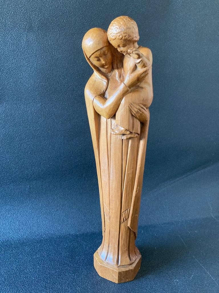 Vierge à l'Enfant Bois Sculpté Art Déco-photo-2