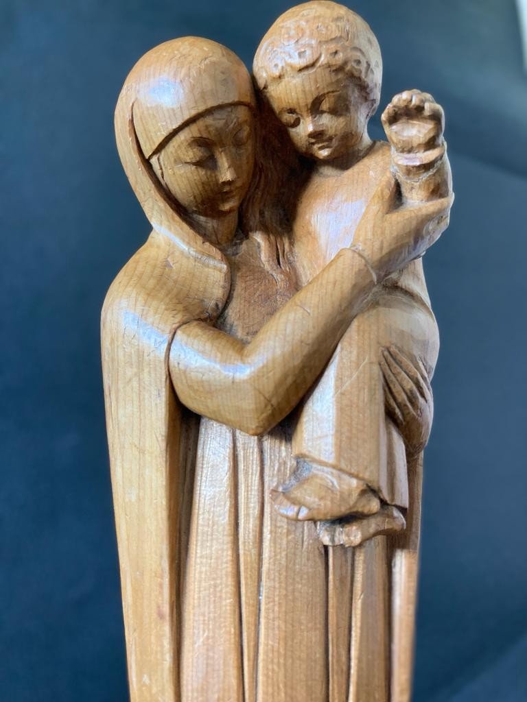 Vierge à l'Enfant Bois Sculpté Art Déco-photo-3