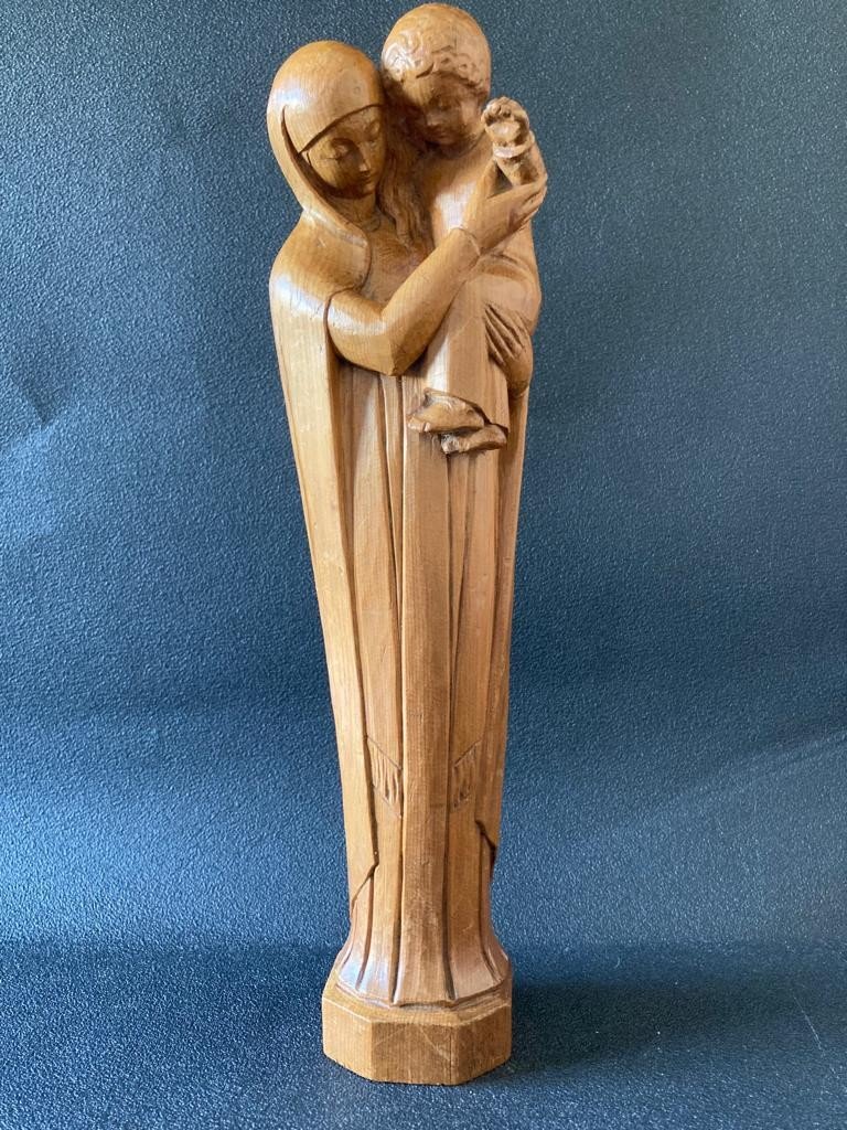 Vierge à l'Enfant Bois Sculpté Art Déco-photo-3