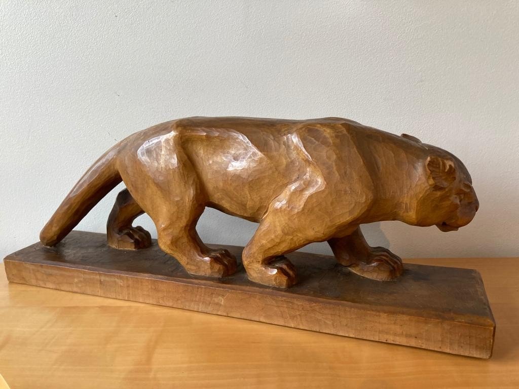 Carved Wooden Panther Art Deco Sculpture-photo-2