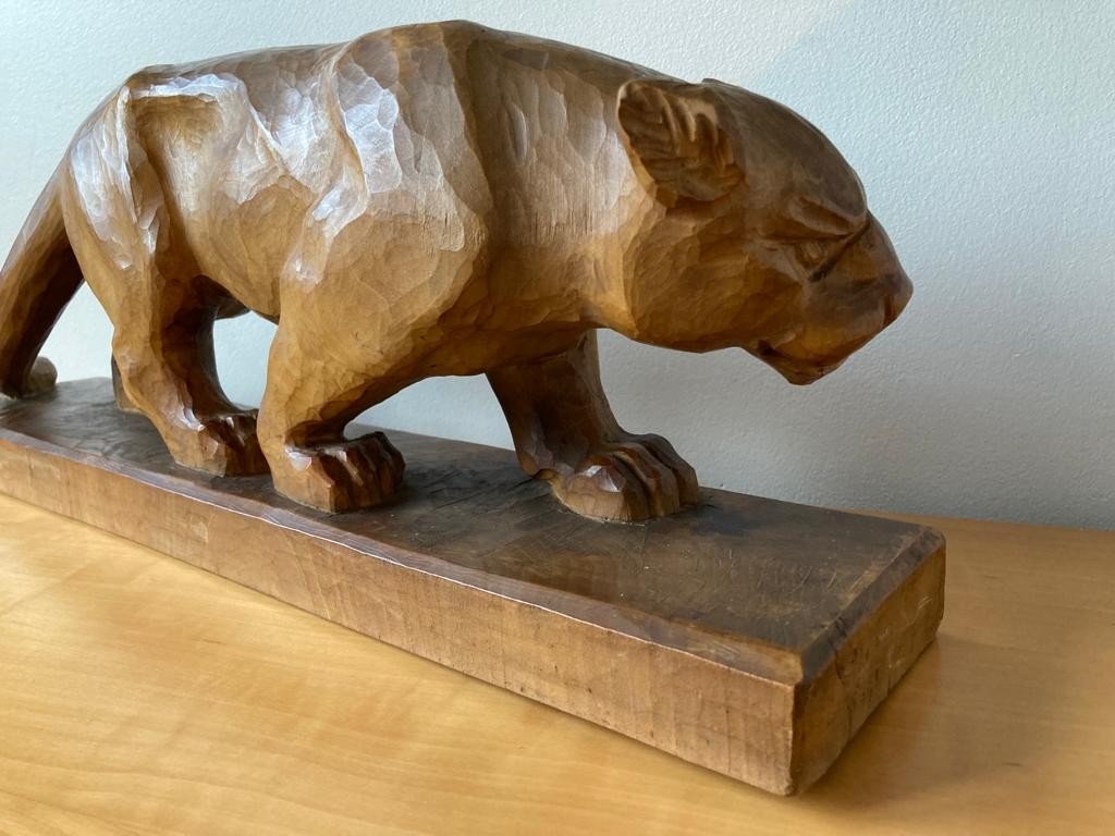 Carved Wooden Panther Art Deco Sculpture-photo-3