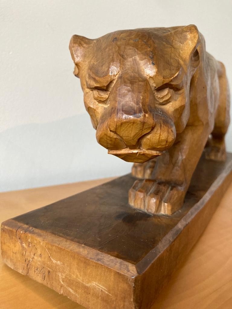 Panthère En Bois Sculpté Sculpture Art Déco-photo-4