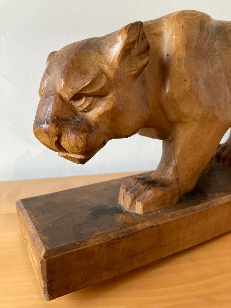 Panthère En Bois Sculpté Sculpture Art Déco-photo-1