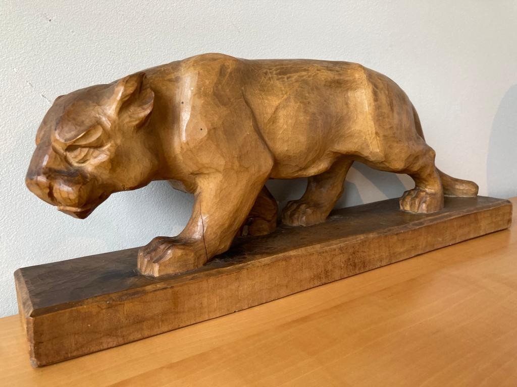 Panthère En Bois Sculpté Sculpture Art Déco