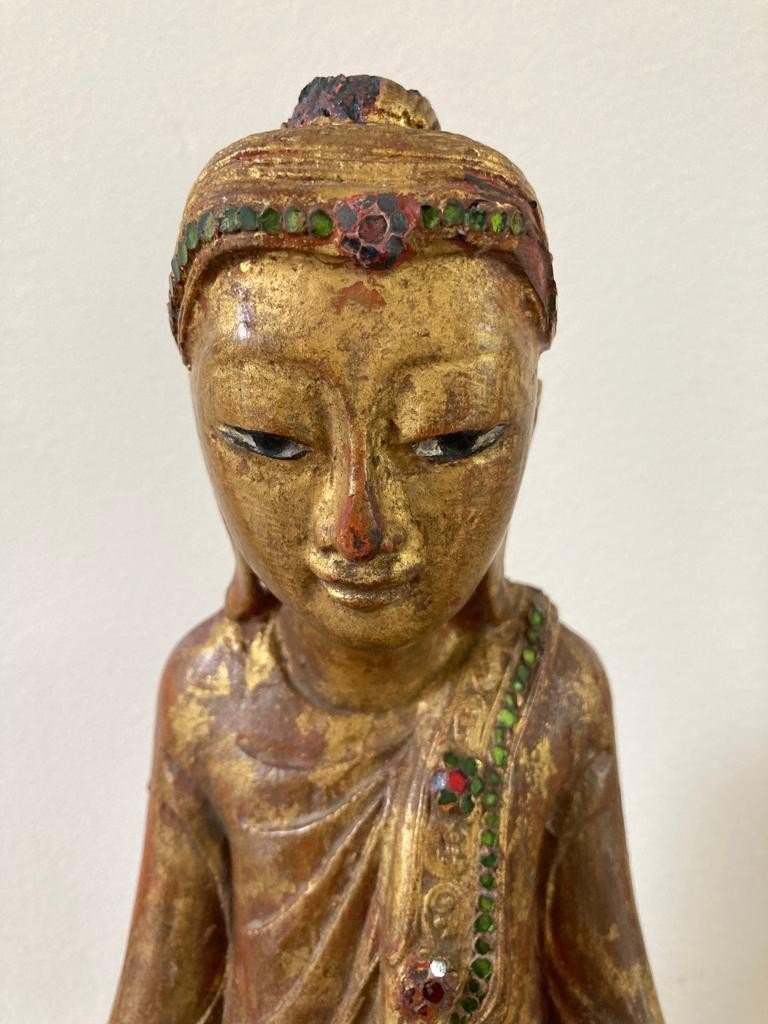 Standing Buddha Statue In Golden Wood And Inlaid Burma Or Thailand-photo-2
