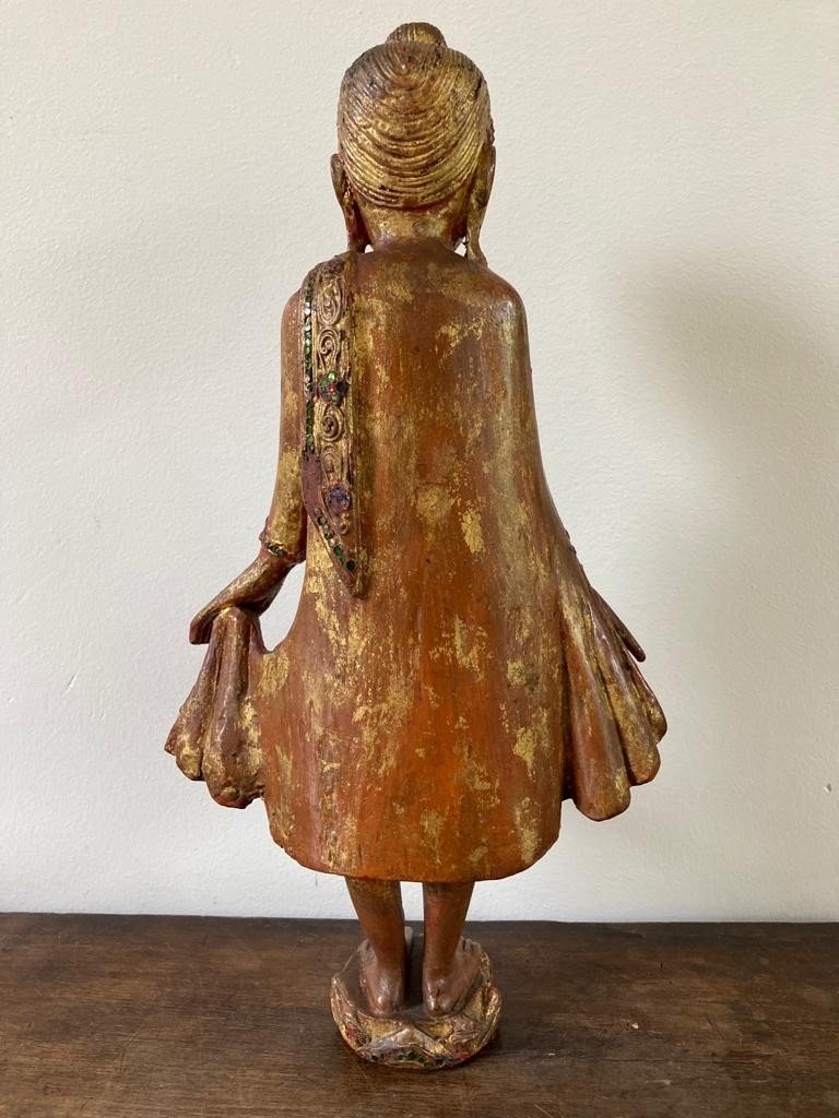 Standing Buddha Statue In Golden Wood And Inlaid Burma Or Thailand-photo-3