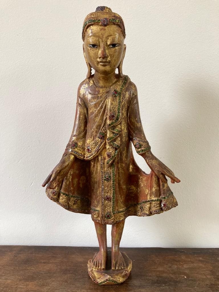 Standing Buddha Statue In Golden Wood And Inlaid Burma Or Thailand